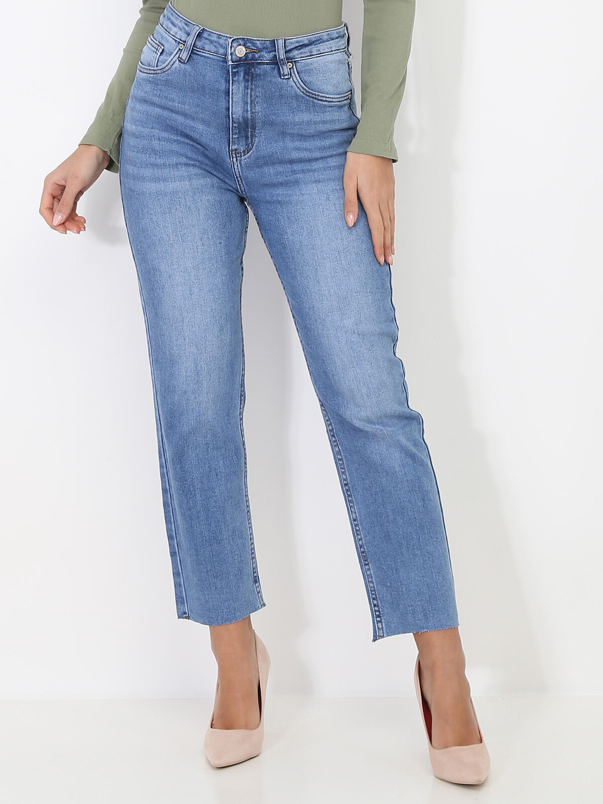 Jeans droit délavé- Bleu