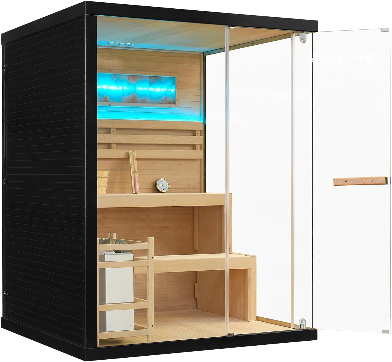 Artsauna Saunakabine Vantaa 150 mit Salzstein - Indoor Sauna 3 Personen - 4,5 kW Ofen, Glasfront, LED Licht, Thermometer & Sanduhr - Komplett Set