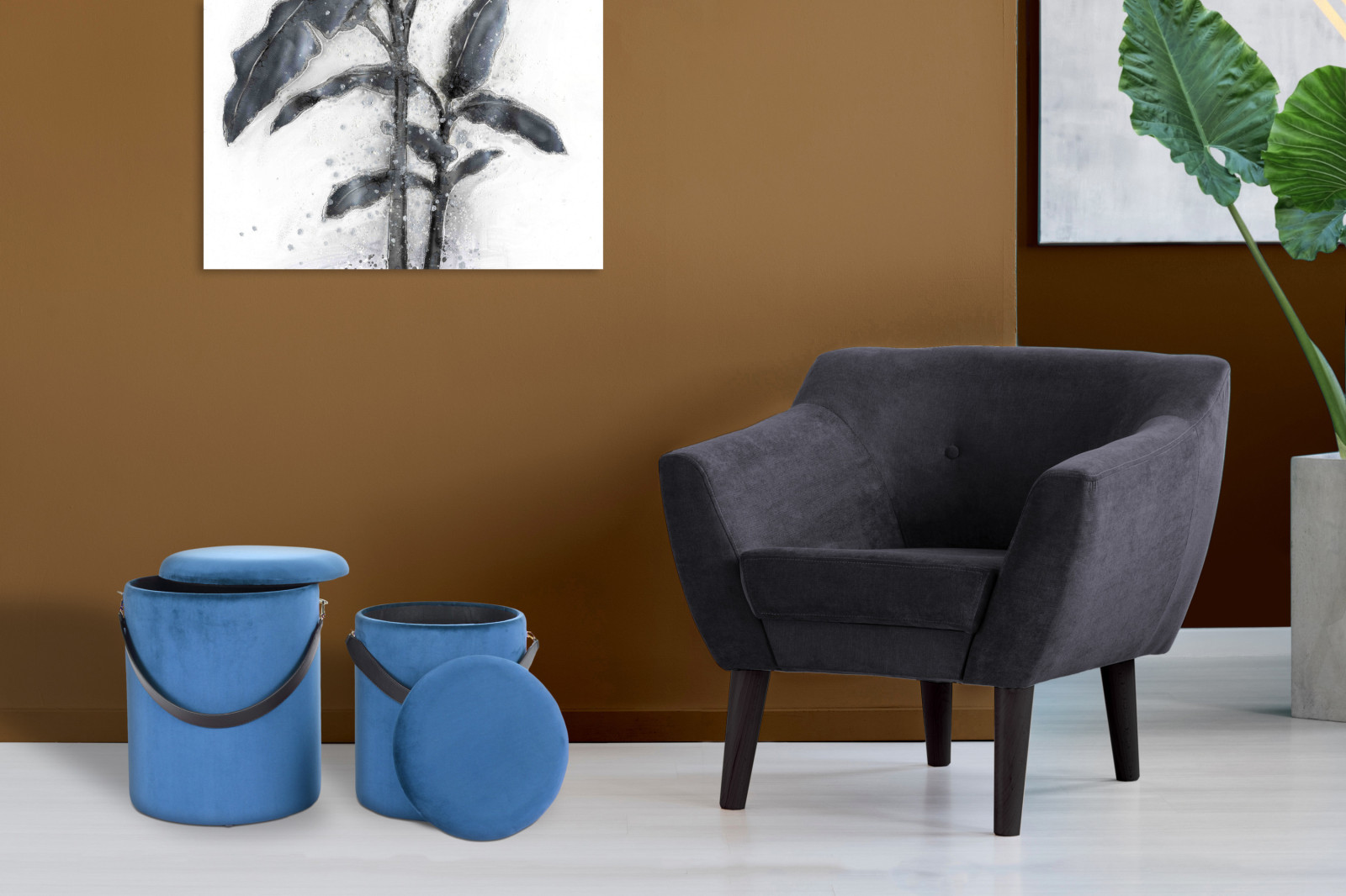 2er-Set Hocker ARABELLA 125 - blau-schwarz - mit Stauraum