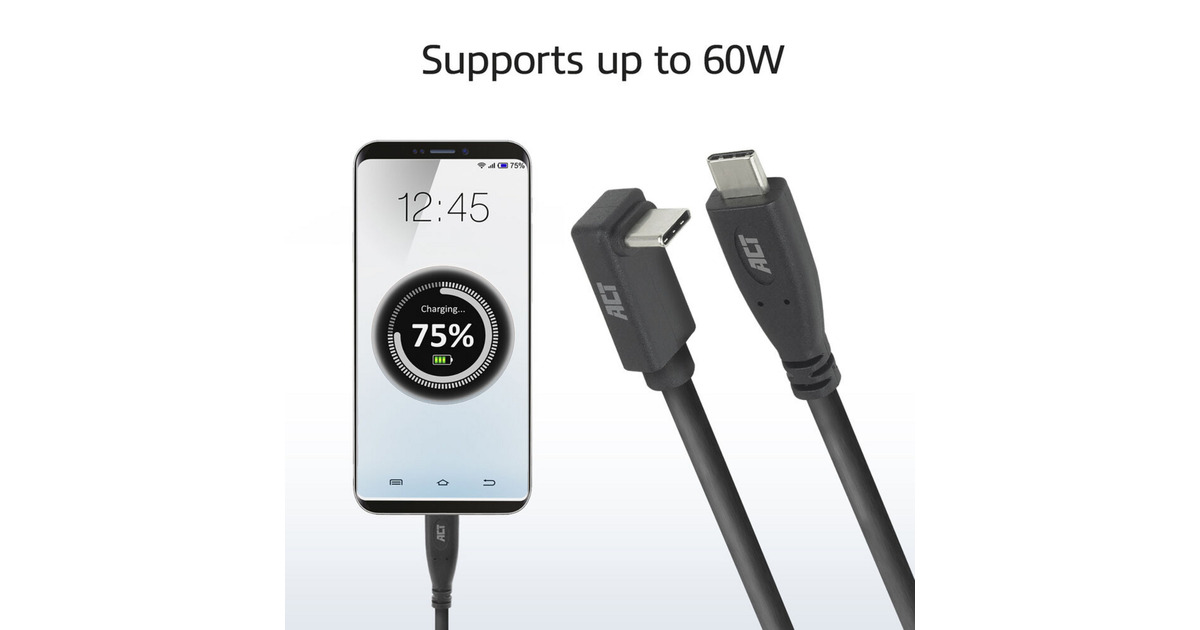 ACT ConnectivityUSB 3.2 USB-C (recht) naar USB-C (omhoog/omlaag haaks) kabel  (Zwart, 10 Gbit/s, 60W, 1 meter)