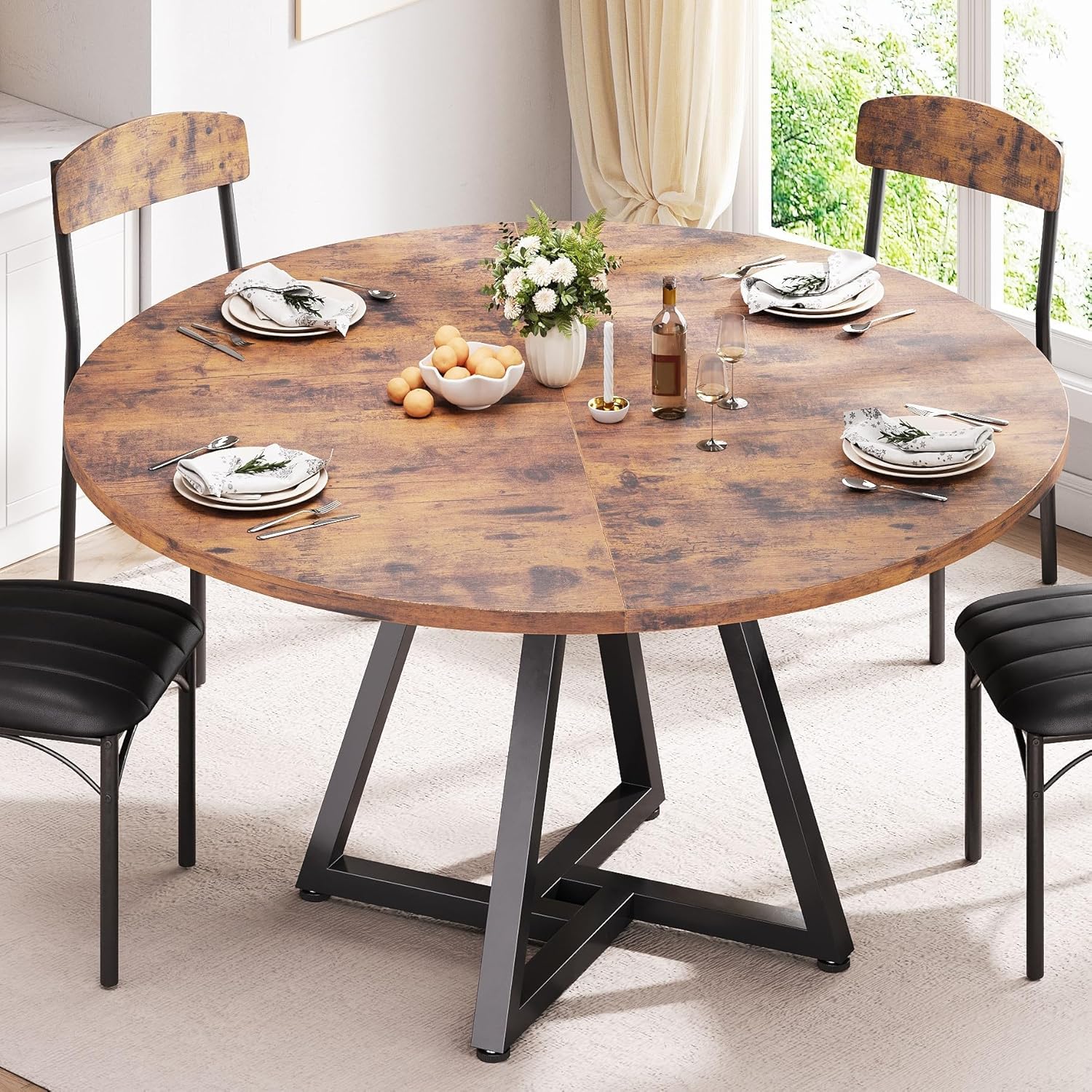 Runder Esstisch für 2–4 Personen, Küchentisch mit stabilem Metallgestell, platzsparender Esszimmertisch im Industrial Design (Vintage Braun, 107x107x76cm)