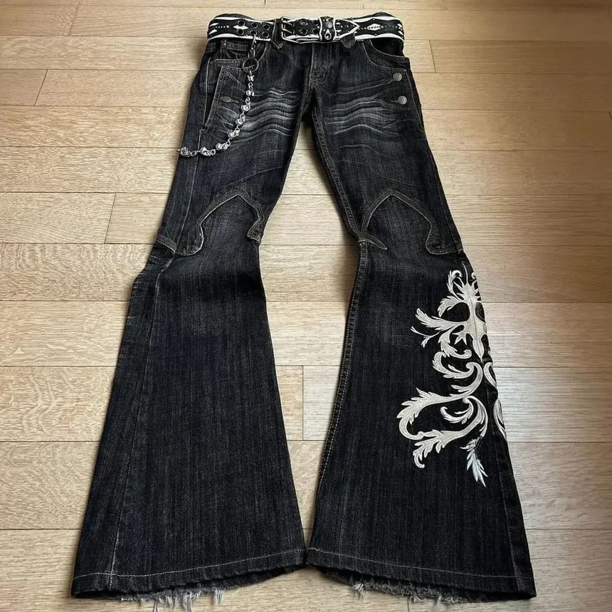 Jerolenea - Lage taille geborduurde gescheurde gewassen flared jeans