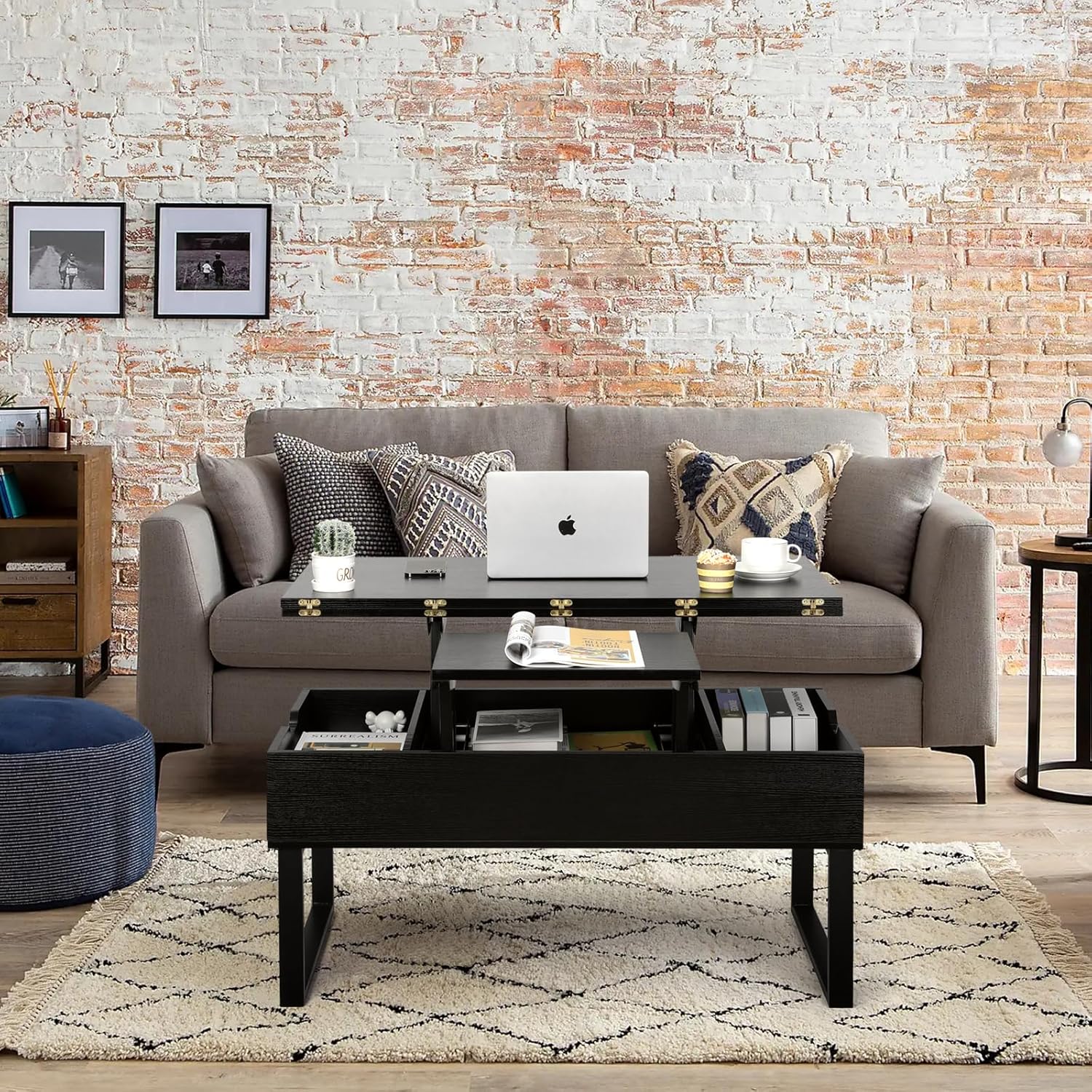 VOWNER Couchtisch Höhenverstellbar, 3-in-1-Multifunktions-Wohnzimmertisch mit Versteckter Aufbewahrung, Couchtisch Umwandelbar in Wohnzimmer-Esstisch, Schwarz mit Holzmaserung