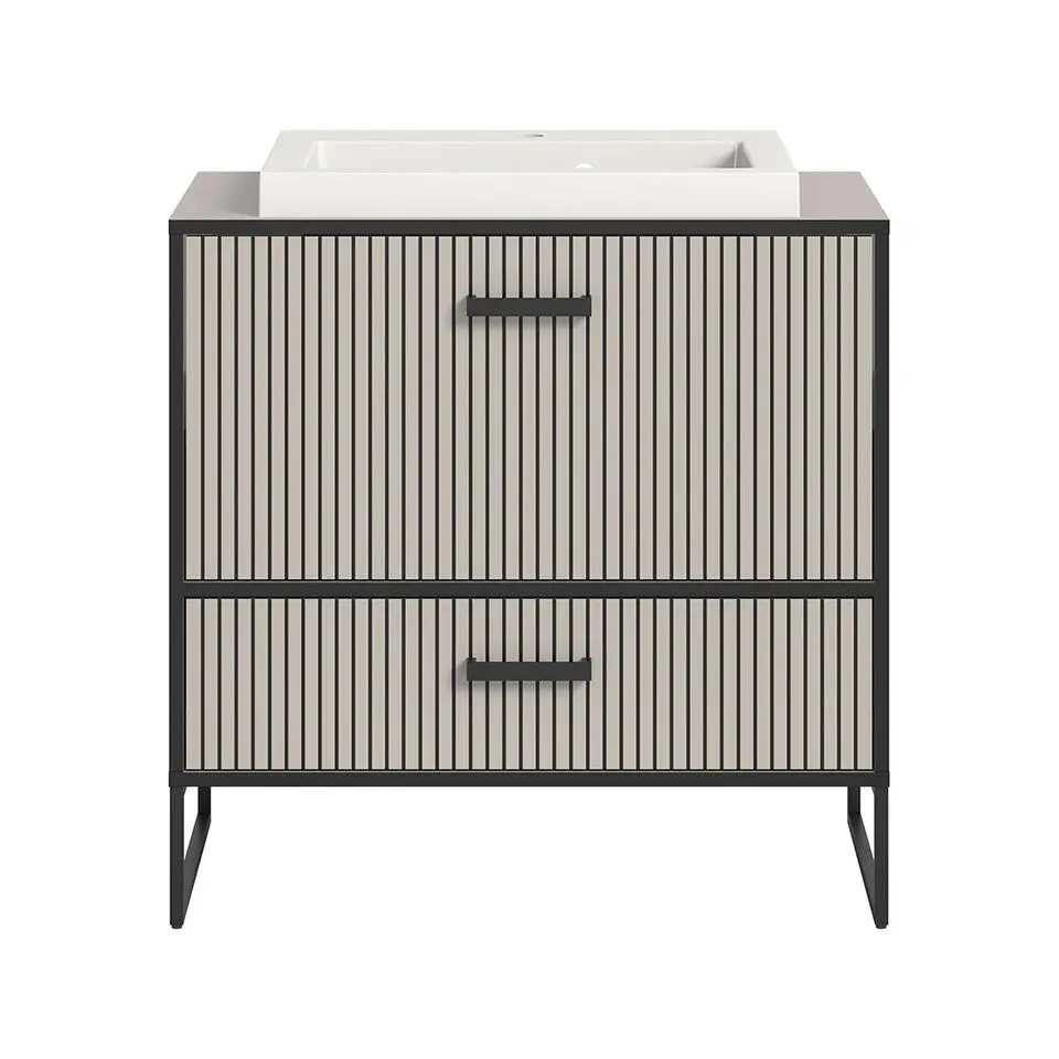 Hioshop Bagno wastafel incl wasbak 1 lade 1 klepdeur lichtgrijs- crèmekleurig