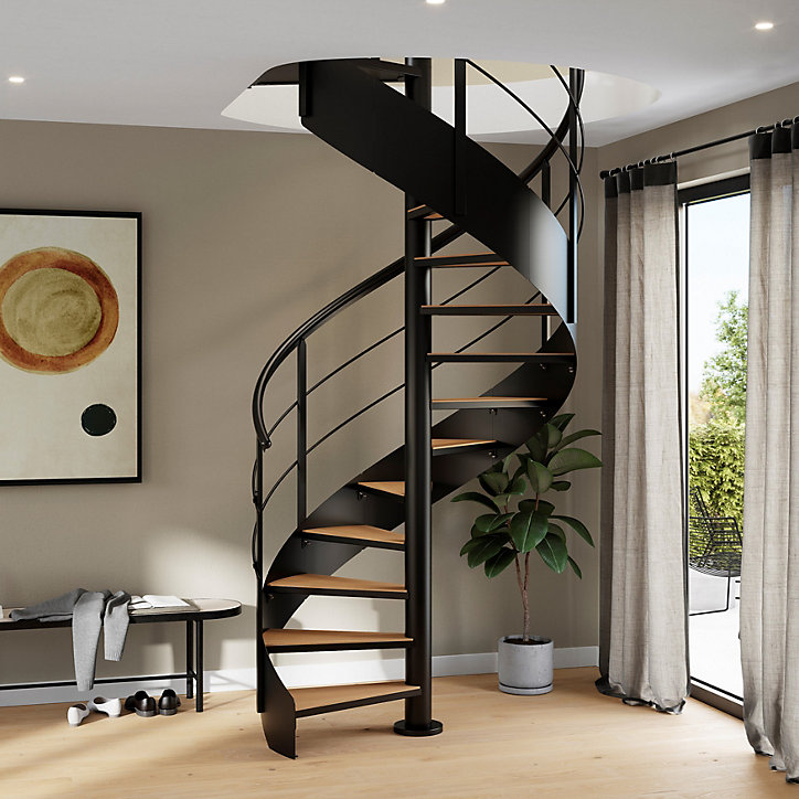 Escalier hélicoïdal FORTIA hêtre et acier noir 13 marches Carilo tournant droit