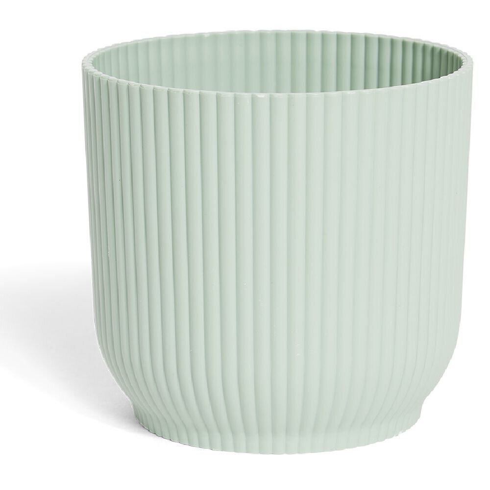 Cache pot rond plastique strié vert d'eau Ø11xH10cm