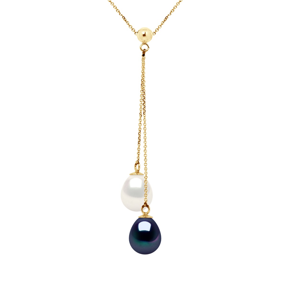 Collier TOI ET MOI Perles d'Eau Douce 8-9 mm Blanches et Noires Or Jaune
