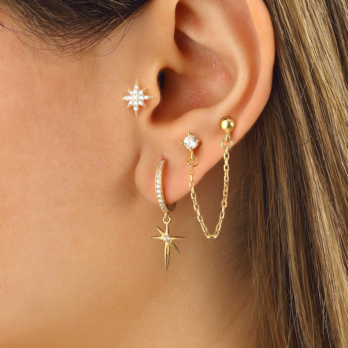 Set de 3 boucles d'oreilles & chaîne - Argent 925/000 plaqué or & zircons