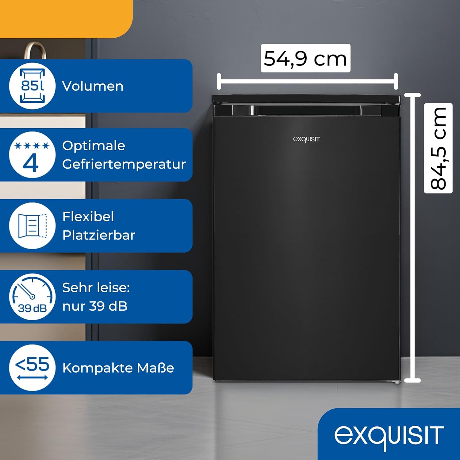 Exquisit Gefrierschrank | 85 l Nutzinhalt, Energieklasse C, 39 dB(A) | kompakte Bauform, 4-Sterne-Gefrieren, manuelle Temperaturregelung, wechselbarer Türanschlag | GS581-051C inoxlook-az