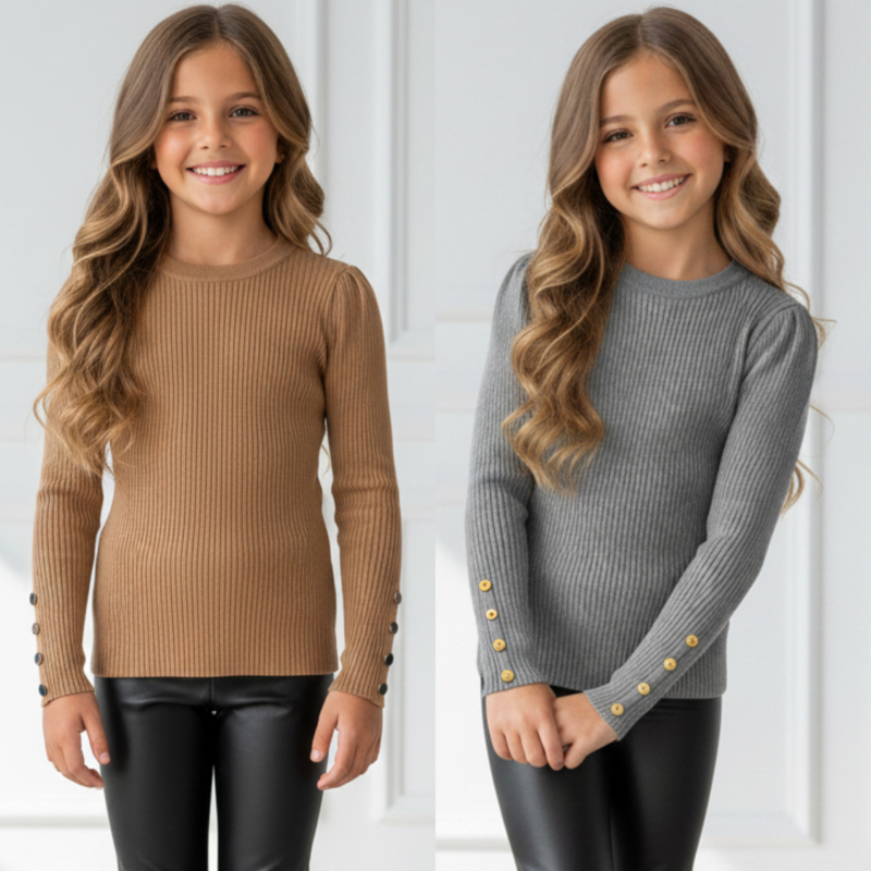 Rib & Buttons top - grijs of camel