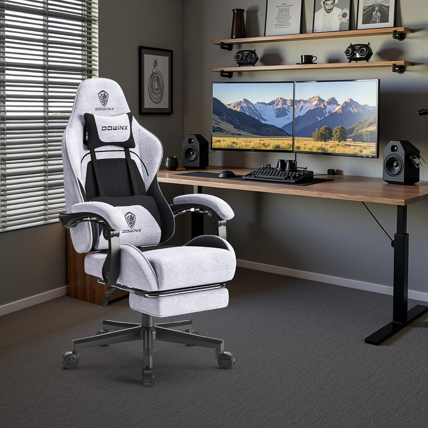 Dowinx Gaming Stuhl Bürostuhl Stoff Tasche Frühling Kissen, Massage Gamer Stuhl Stoff mit Kopfstütze, Ergonomische Bürostuhl mit Fußstütze (Schwarz Grau)