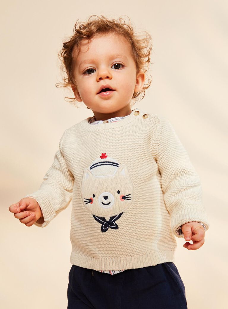 Pull beige chiné en tricot avec chat marin