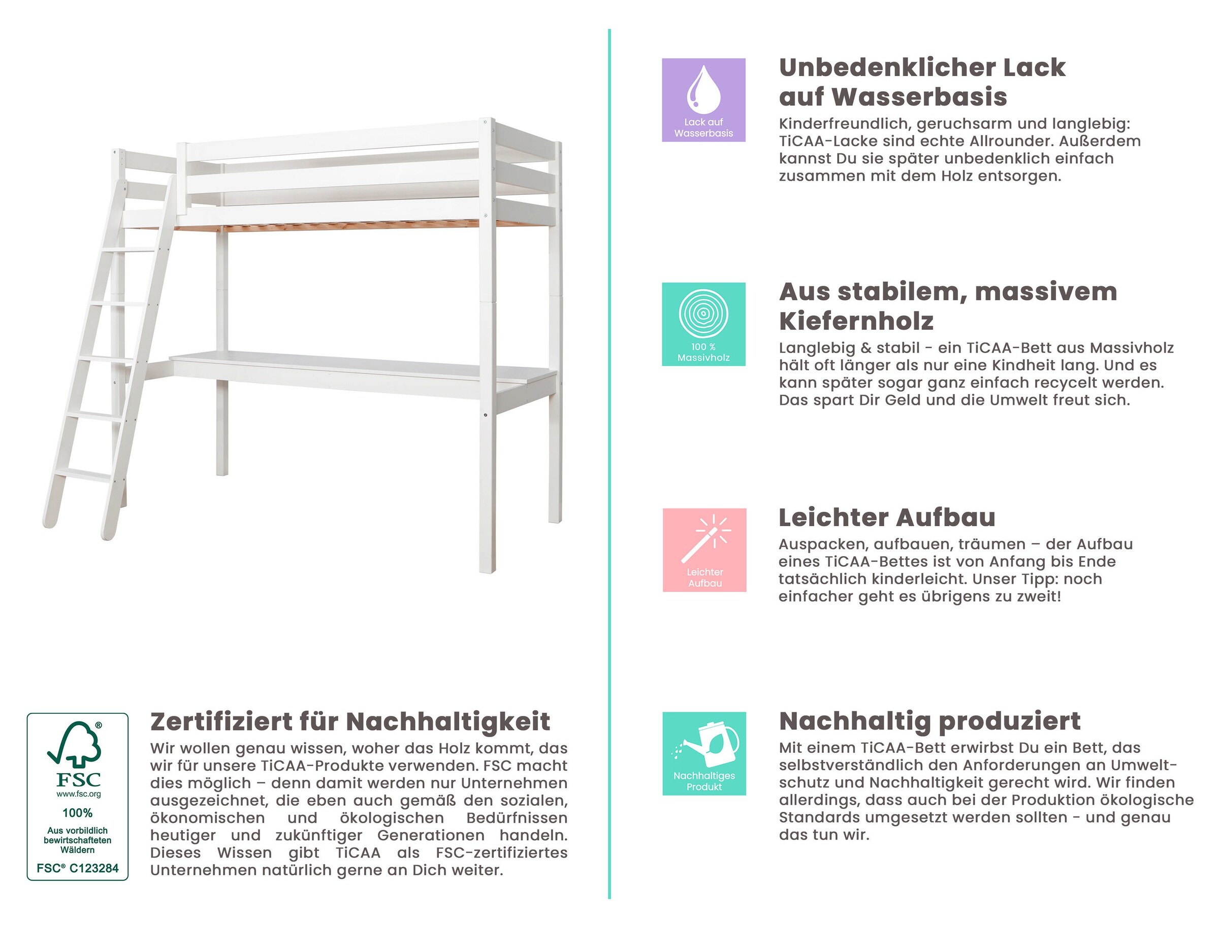 Ticaa Hochbett „Felix“ mit Schreibtisch Kiefer massiv Weiß