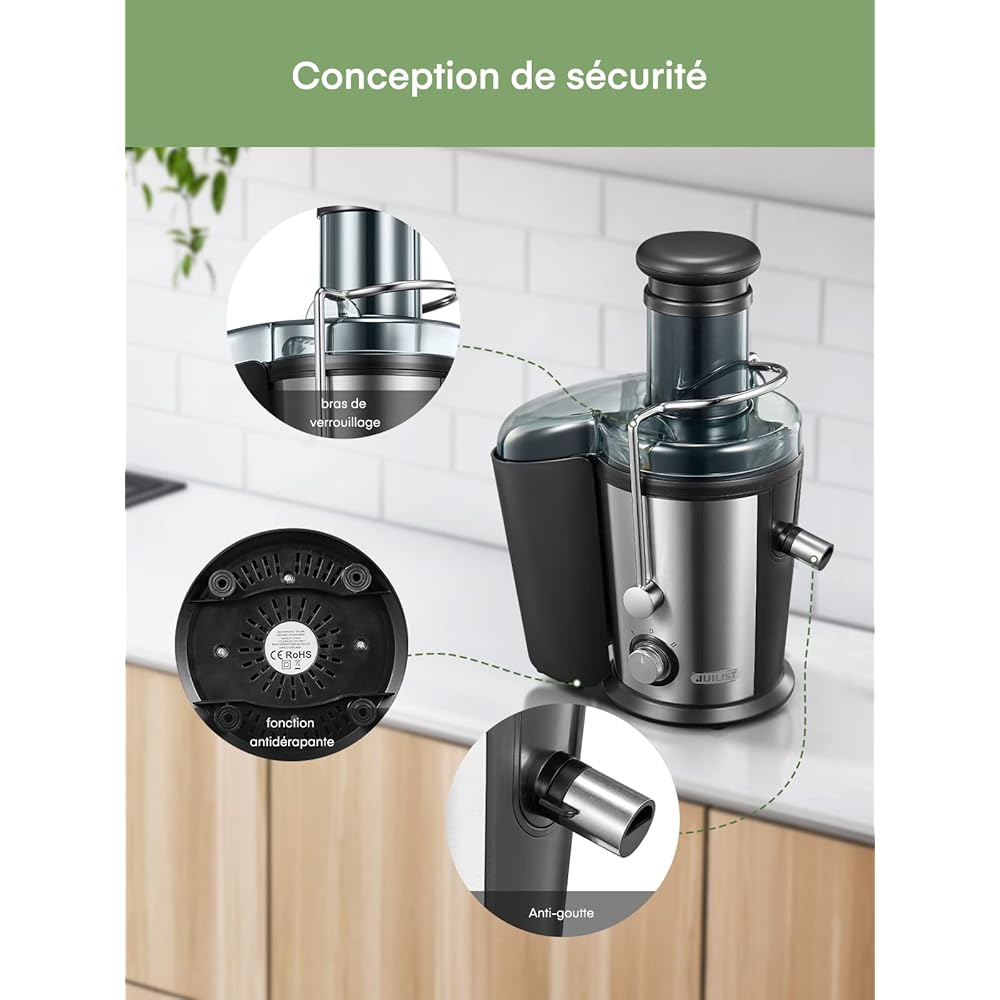 Juilist 800W Centrifugeuse Extracteur de Jus, Centrifugeuse Fruits et Legumes à 2 Vitesses, 75MM Large Bouche en Acier Inox, Design Anti-goutte, 1100ml Pichet à Jus et Nettoyage Facile : Cuisine et Maison