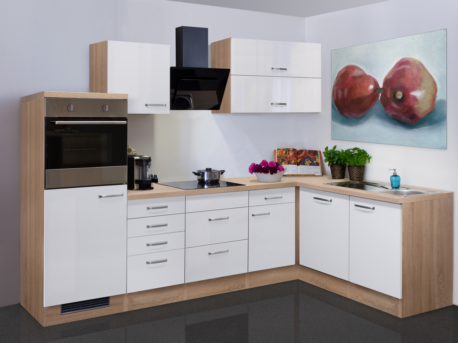 Winkelküche VALERO - weiß Hochglanz-Sonoma Eiche - mit E-Geräten - 280x170 cm