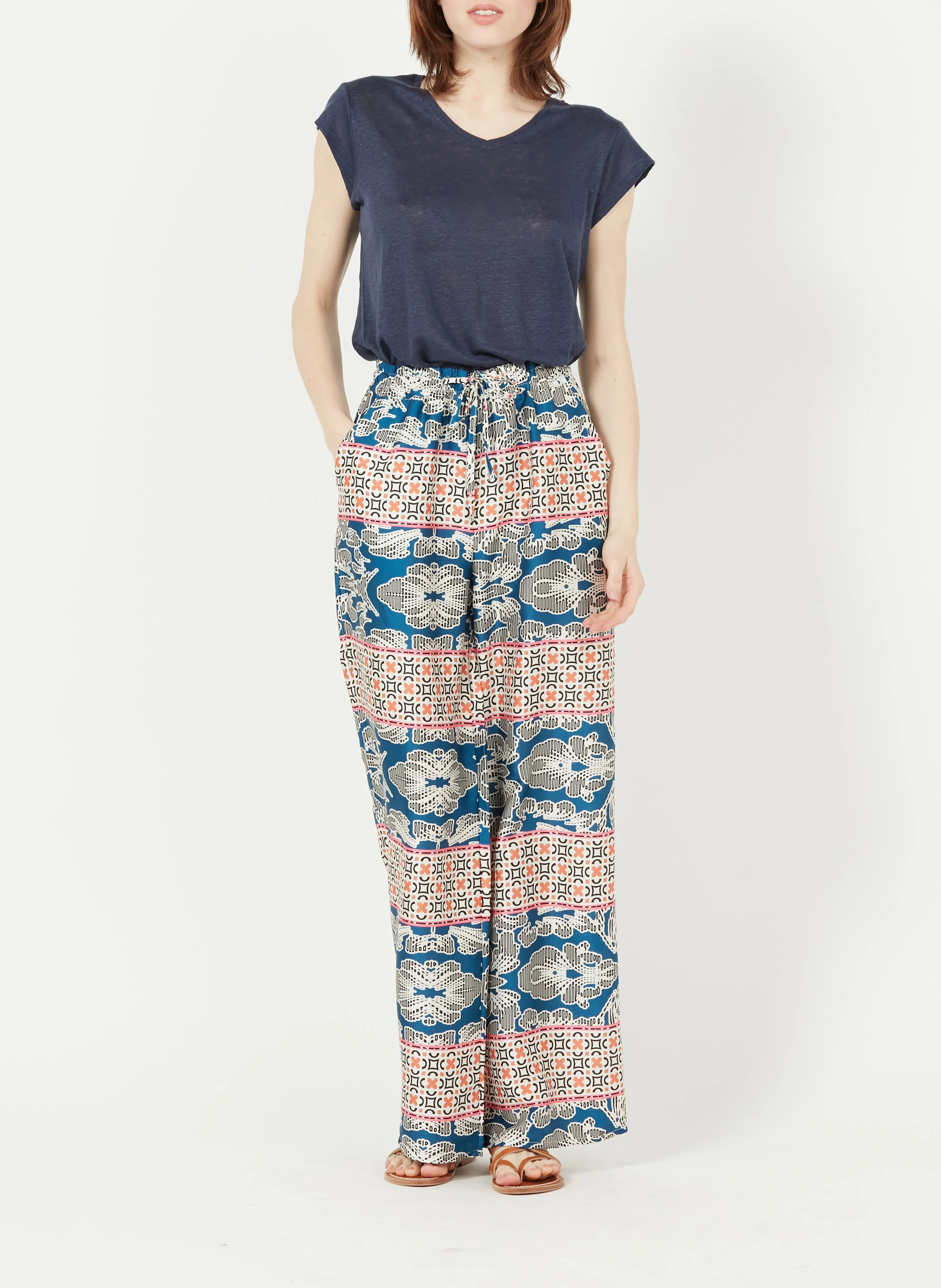 Tee-shirt col V en lin | Bleu