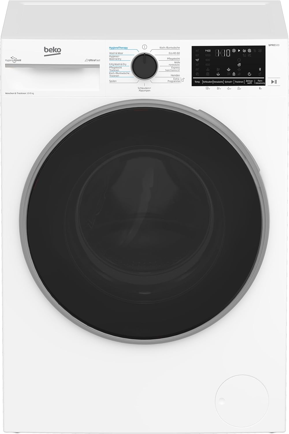 Beko B3DFT510447W bPRO 500 freistehender Waschtrockner, 10 kg Waschen, 6 kg Trocknen, allergikergeeignet, Touch-Display mit Startzeitvorwahl 0-24 h, Bluetooth, Dampffunktion, Nachlegefunktion, Weiß
