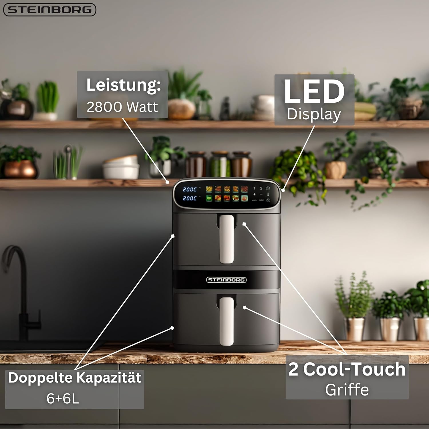 Steinborg® Heißluftfritteuse XXL 12 Liter Doppelkammer Heißluft-Frittieren Heissluftfritteuse 2 vertikale Schubladen 6L+6L Grillen Backen Dörren Frittieren Fritteuse ohne Öl Heißluftofen