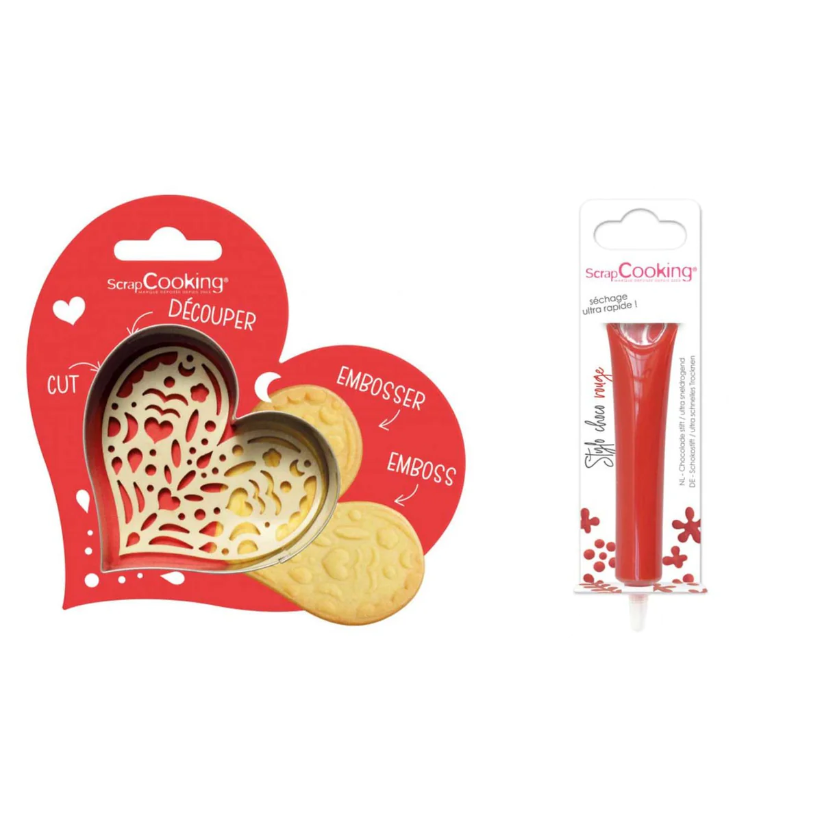 Kit pour biscuit en relief Coeur + Stylo au chocolat rouge Scrapcookin