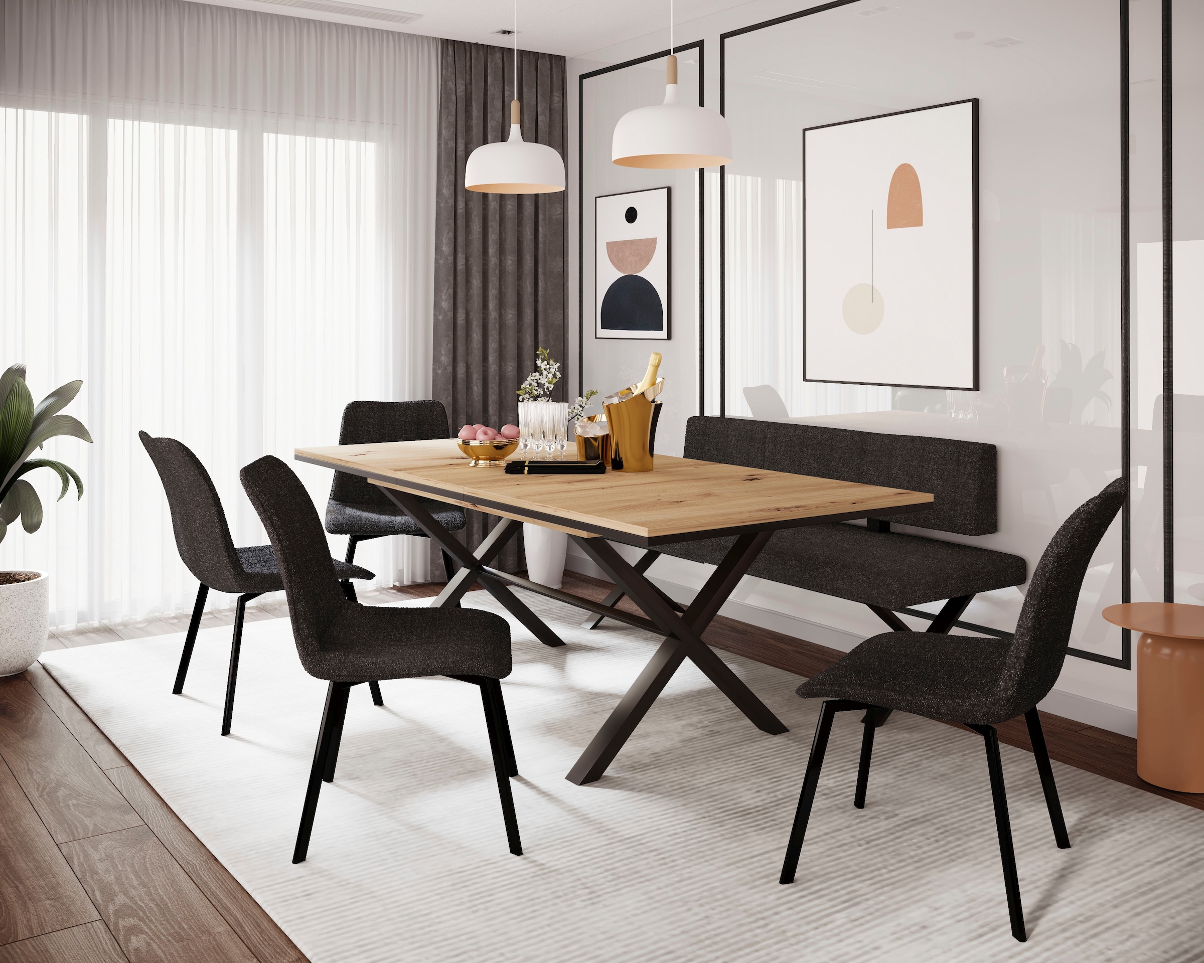 HELA Essgruppe »SAAR« 6 Stk. tlg. Tisch 160-200x90 cm, Einlegeplatte, X-Gestell, Stuhl 360° drehbar