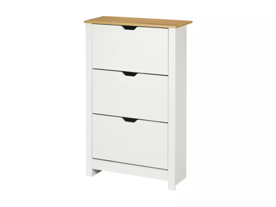 Armoire à chaussures 3 portes abattantes 2 compartiments panneaux particules blanc chêne