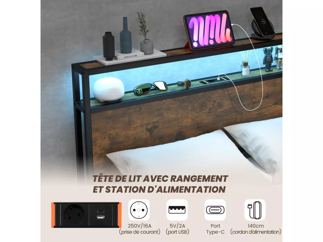 Cadre de Lit 140x200CM pour Adulte avec Éclairage LED et 2 Ports & Prise de Courantet, Sommier à Latte en Métal avec 4 Tiroirs à roulettes, Mode Musique, Lit Simple Double pour Chambre