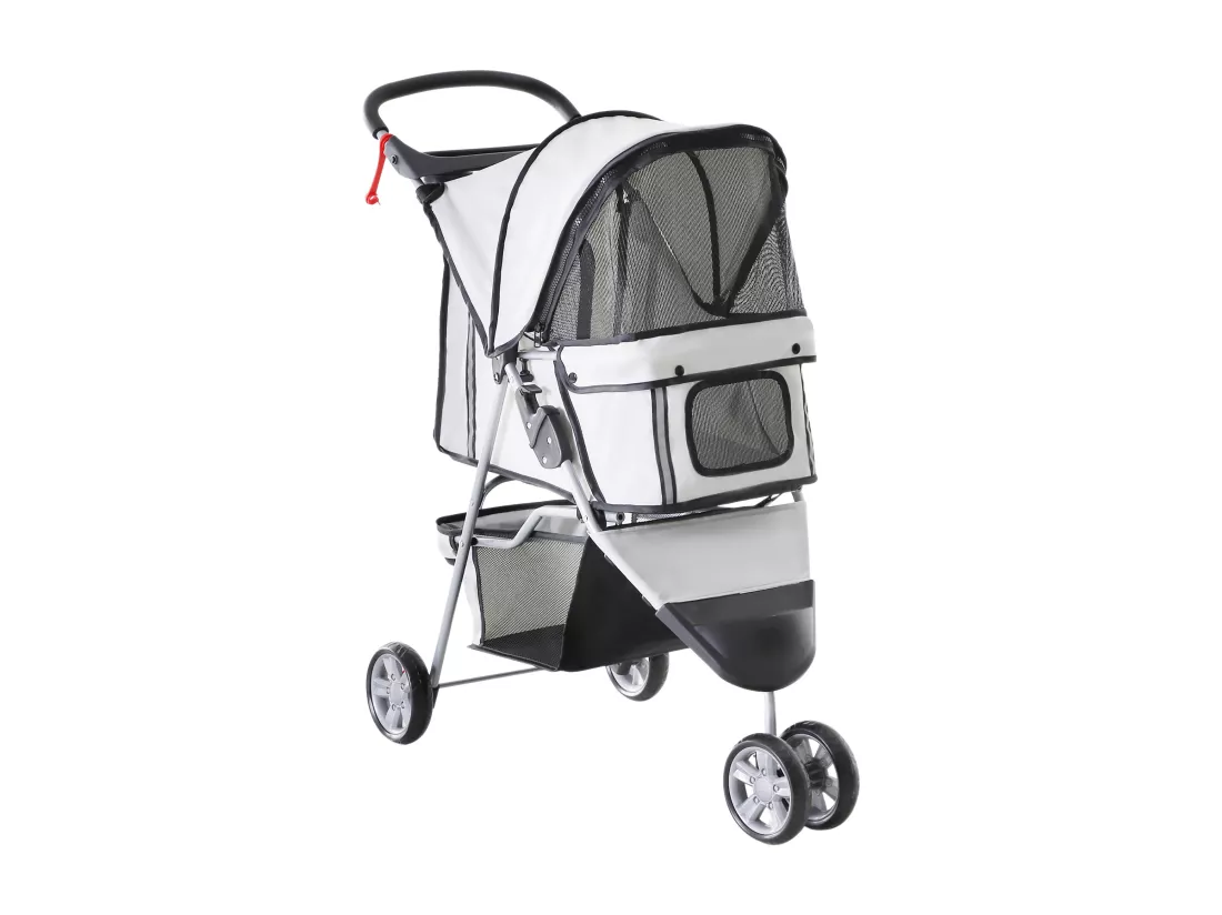 Poussette buggy pliable animaux chariot pliant chien chat porte-gobelet panier de rangement inclus roues avec frein tissu 600D Oxford métal gris