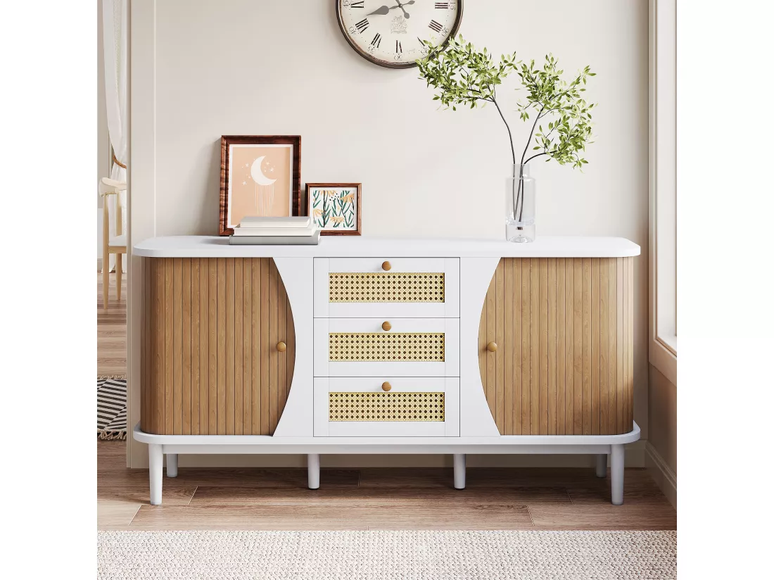 Buffet bas avec 2 portes coulissantes et 3 tiroirs en rotin, commode - 140.5 x 40 x 76 - Panneaux de particules - Blanc et naturel