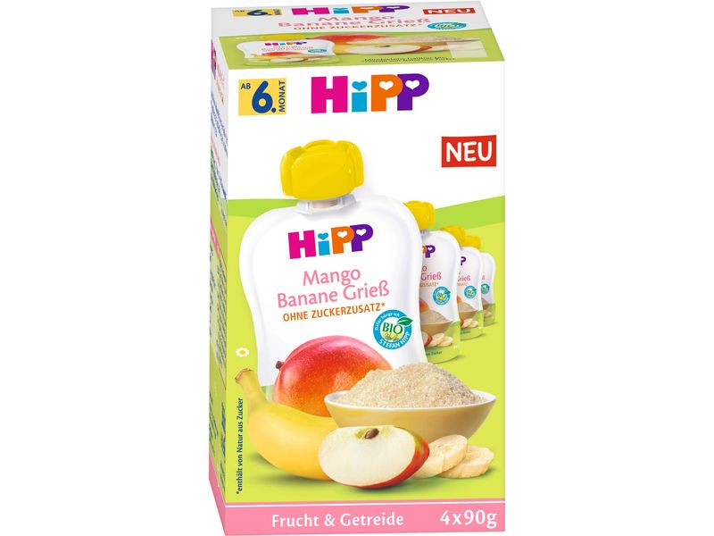 HIPP Quetschbeutel Mango Banane Griess 4x 90 g Veganer Griess mit Mango und Banane