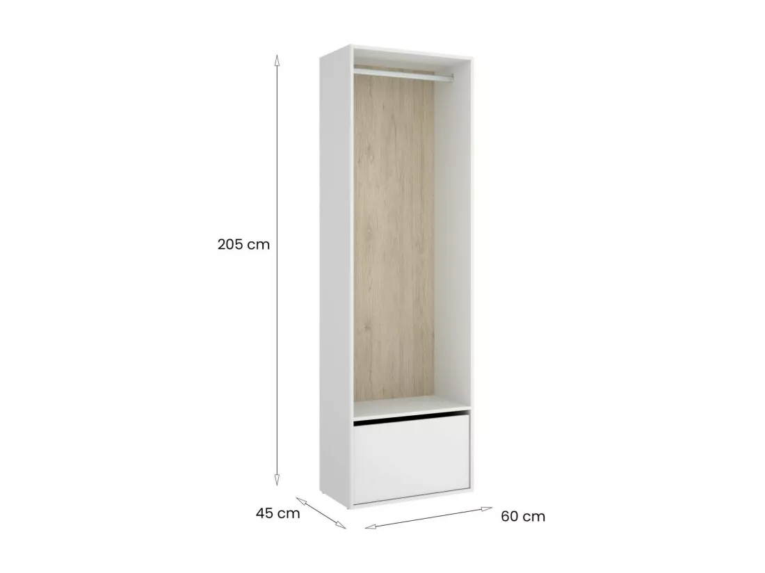 Grande Garde-robe Dki, Meubles de chambre, Penderie de plain-pied, Placard à vêtements, 60x45 h205 cm, Blanc et Chêne clair
