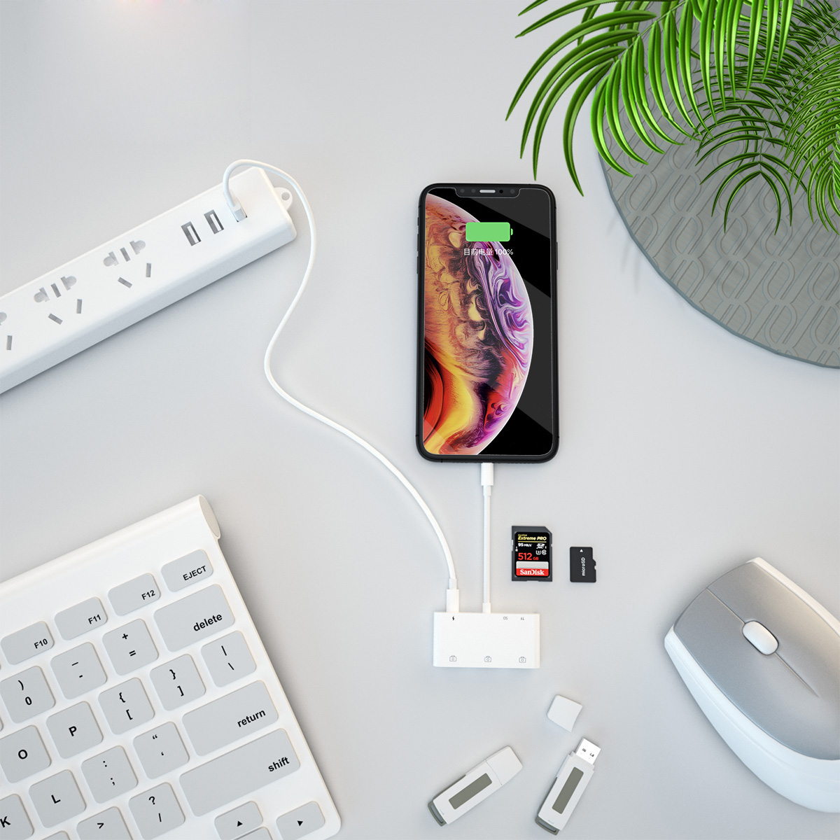 Lightning auf USB A Kamera Adapter mit SD / Micro SD Kartenlesegerät / 3-fach USB A / Ladeanschluss für Apple iPhone / iPad - Weiss