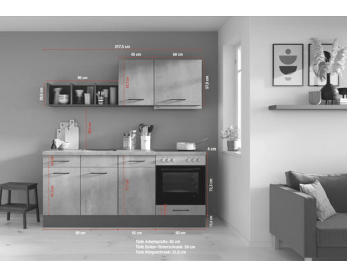 IMPULS keukenblok met apparatuur PESCE 195 cm betonmat voorgemonteerde variant rechts IP120-IKZ1195FA-K830-F923-A674-G782