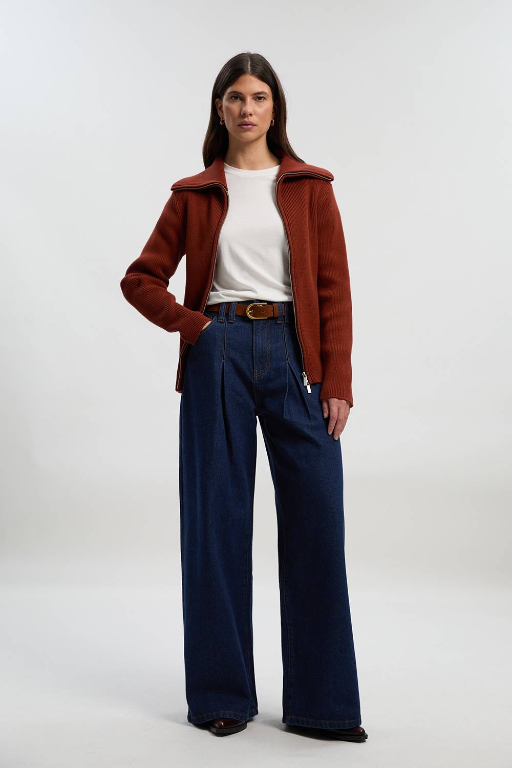 KarenMillen Jean Denim Jambes Larges à Plis Devant