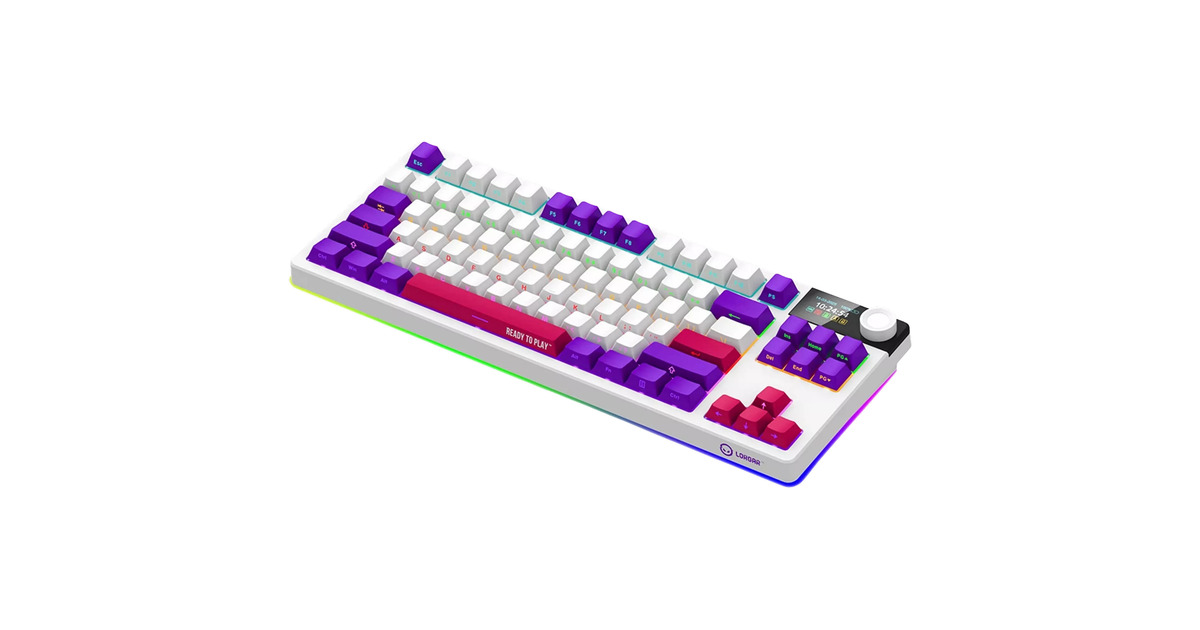 LORGARKBP70TKLW, gaming toetsenbord  (Wit, US lay-out, LOGAR Toxic Purple, TKL, RGB, Hot-swappable, PBT Double-shot, Bluetooth / 2.4GHz / USB)
