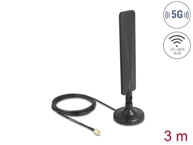Delock 5G/LTE-Antenne SMA Stecker 3 dBi SMA 3 dBi Rundstrah Delock 5G LTE Antenne SMA Stecker 3 dBi omnidirektional mit Anschlusskabel RG-174 3 m mit Kippgelenk mit magnetischem Standfuss Schwarz