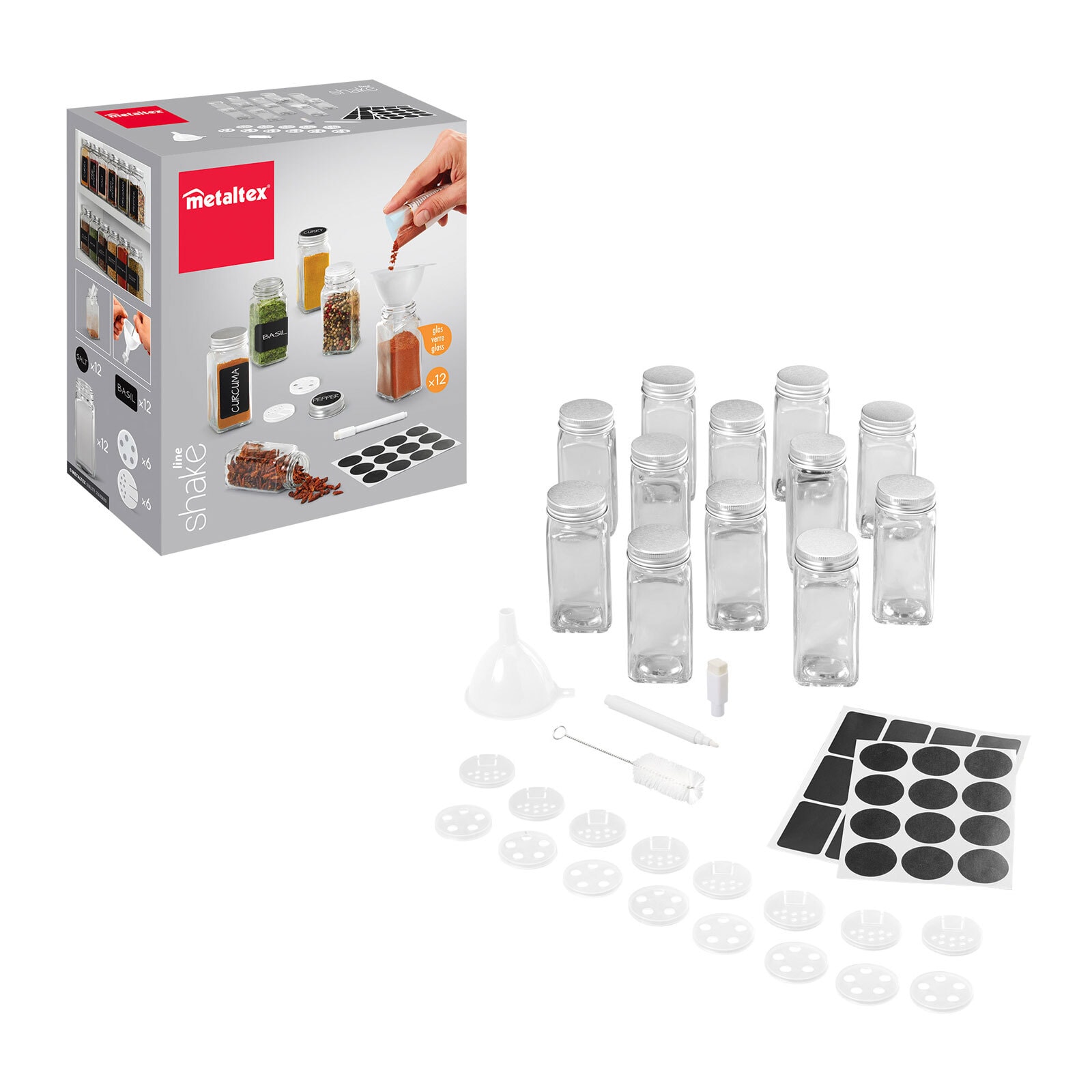 metaltex Gewürzstreuer SHAKE-IT 12er Set Glas 120 ml