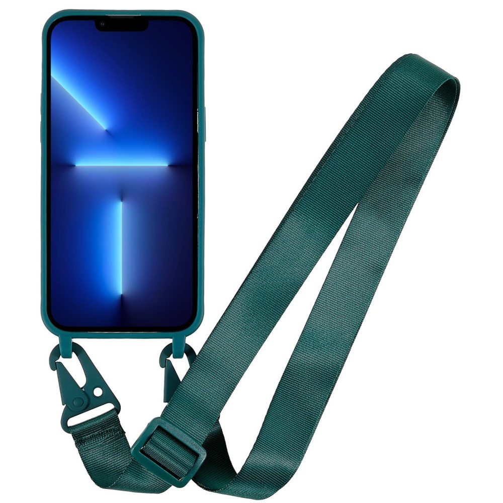 iPhone 14 Pro Max Necklace Gummi Case Hülle   Handykette Nylon Strap (160cm) - Dunkelgrün