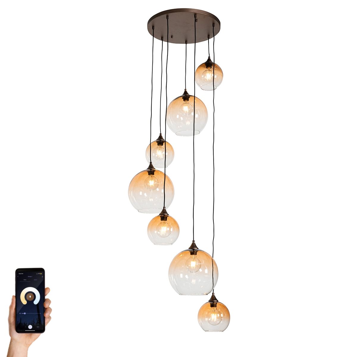 Smart hanglamp donkerbrons met amber glas 7-lichts incl. 7 Wifi A60 - Sandra