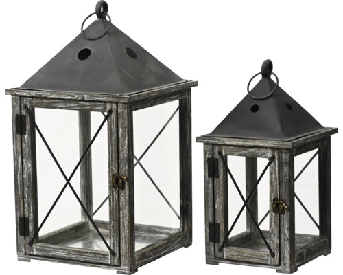Houten lantaarns, set van 2, 24 x 24 x 46 cm / 18 x 18 x 34,5 cm, grijs