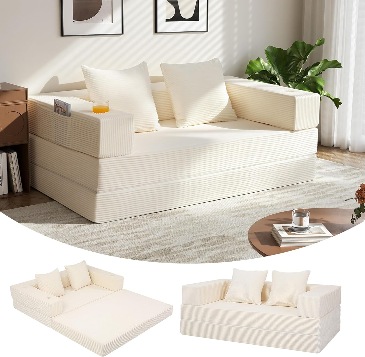 MeMoreCool 4-in-1 Boneless Couch, Umwandelbares Schlafsofa mit Armlehnen, Faltbare Matratze und Schlafsessel, Bequemes Schlafcouch für Wohnzimmer und Schlafzimmer als Lounge oder Gästebett, Beige