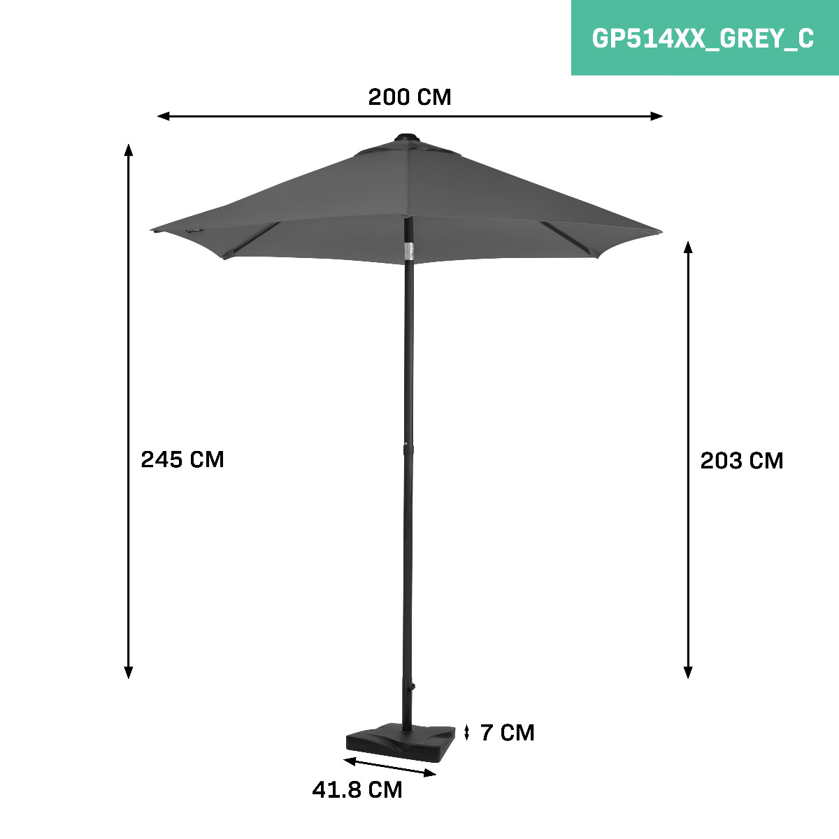 VONROC Torbole 200 cm Premium parasol inclusief voet - Grey