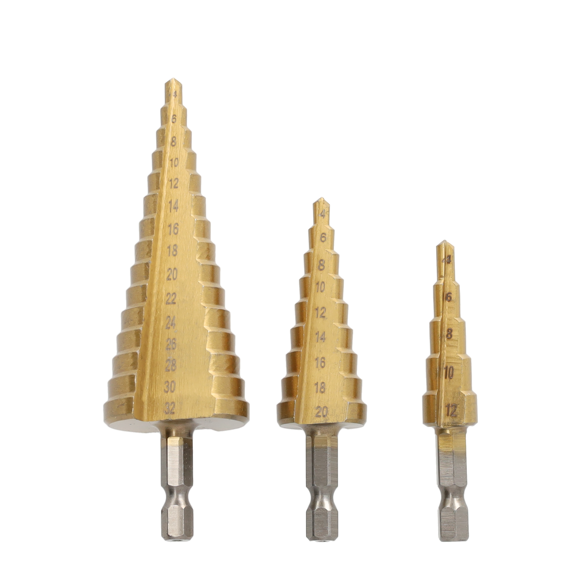 (3er Set) 4-32mm Stufenbohrer Mehrloch Kegel Bohraufsatz mit Titan Beschichtung für Holz / Kunststoff / Aluminium / Edelstahl