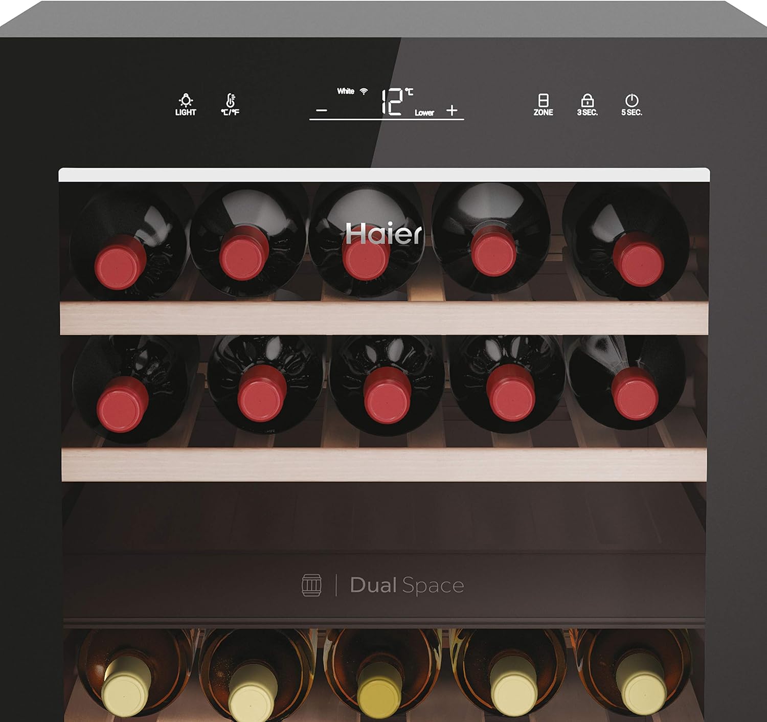 Haier HWS42GDAU1 Series 7 Cave à vin, 42 bouteilles, connectivité Wi-Fi, lumières LED et verre anti-UV, étagères en bois, 49,7 x 58,5 x 82 cm, noir