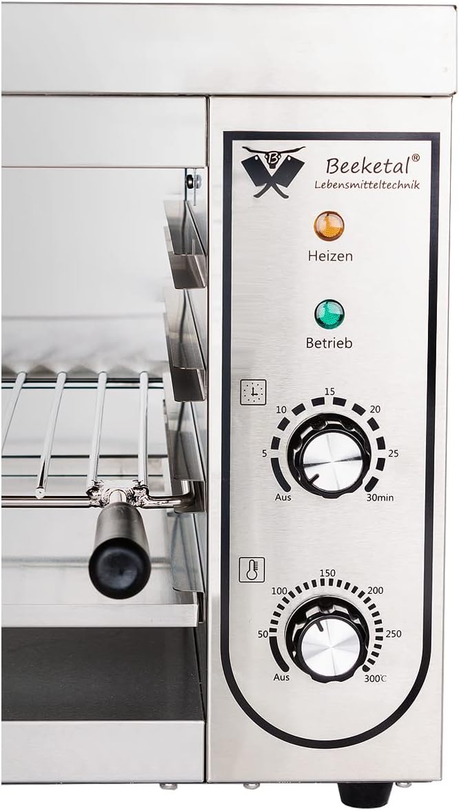 Beeketal 'BSP-2' Profi Gastro Salamander Grill Überbackgerät aus Edelstahl mit 1 Gitter (4 Höhen), 5-30 Minuten Timer, Thermostat 50-300 °C (direkt an der Heizspirale), extra Krümelschublade