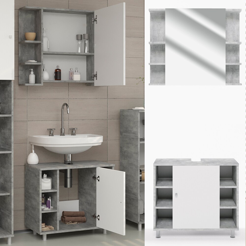 Vicco Badmöbel Set Fynn Badezimmer Spiegel Kommode UnterschrankGrau Beton