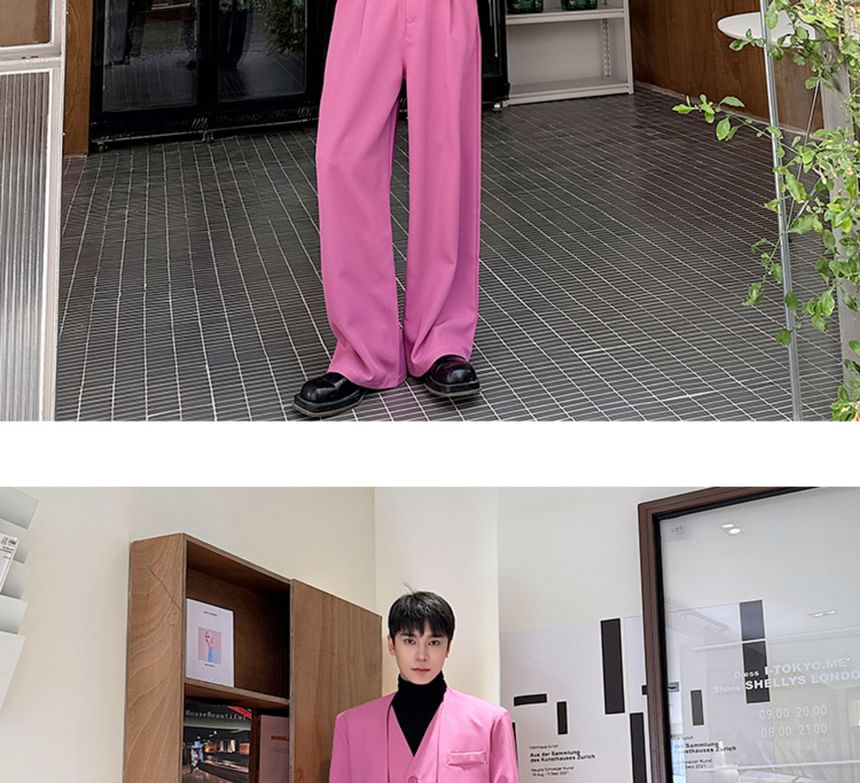 Freehop - V-hals effen enkelrijs blazer / hoge taille wijde broek