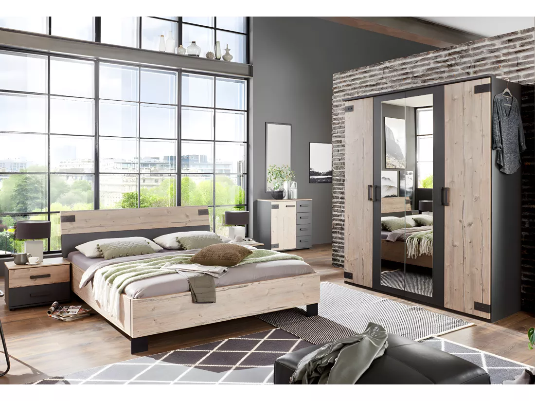 Chambre à coucher complète adulte (lit 180x200 cm + 2 chevets + armoire + commode) coloris chêne