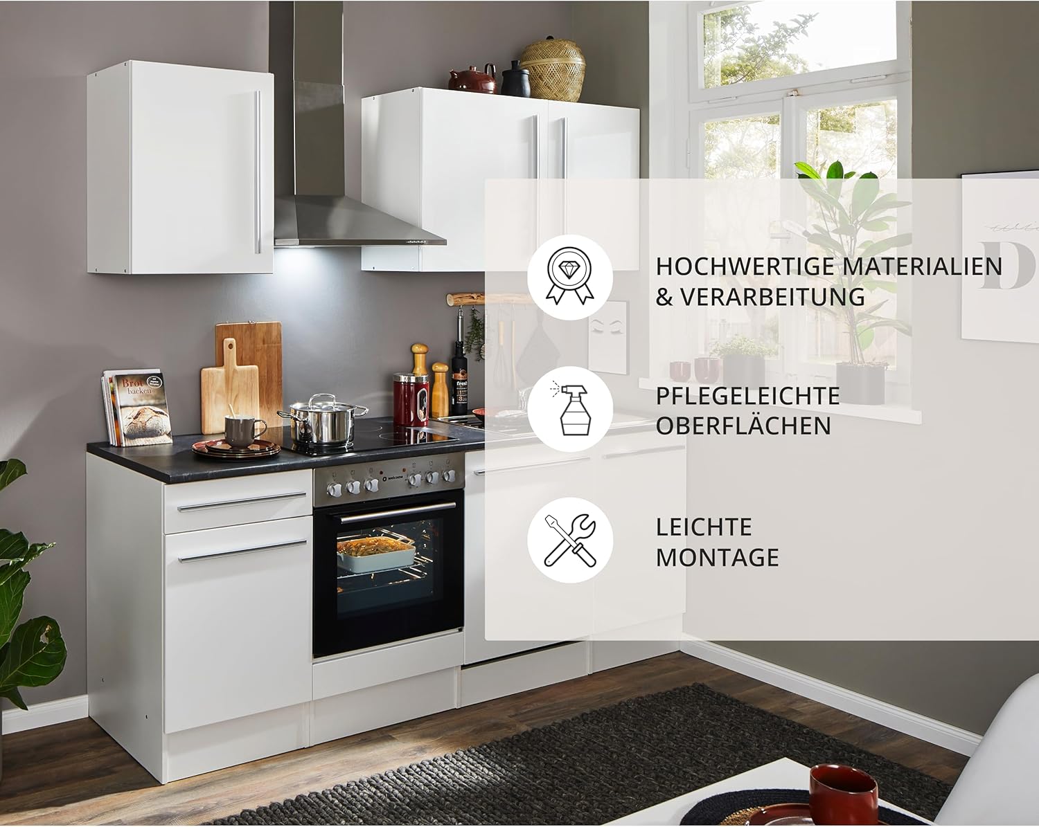 Stella Trading Jazz 8 Moderne Küchenzeile mit Elektrogeräten in Weiß Hochglanz, Metallic Grau - Geräumige Einbauküche mit viel Stauraum - 220 x 212 x 60 cm (B/H/T)