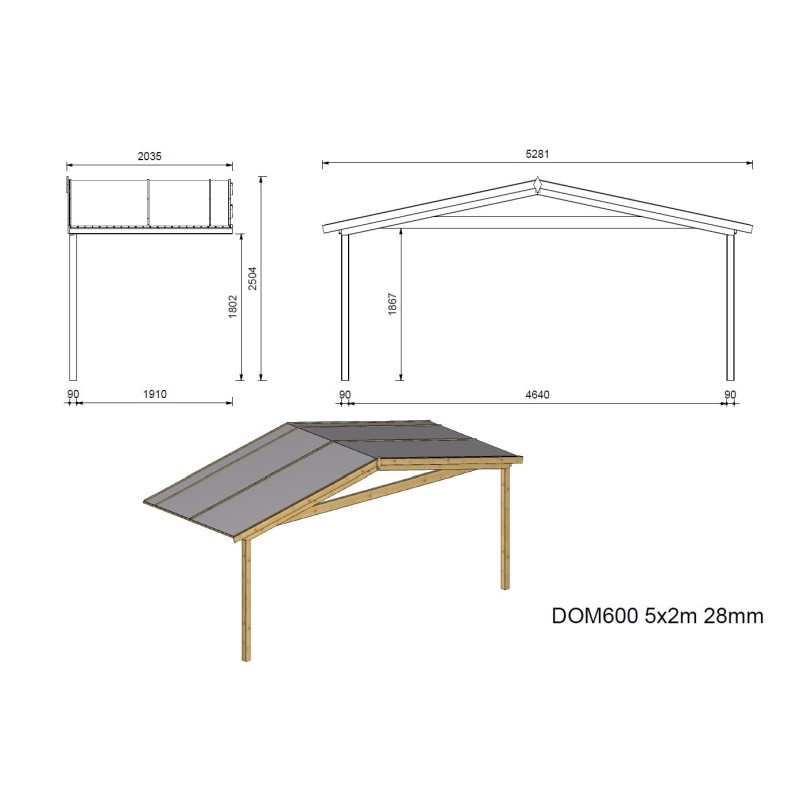 Abri de jardin en bois - 5x3 m - 25 m2 + terrasse avec balustrade et avant-toit en bois