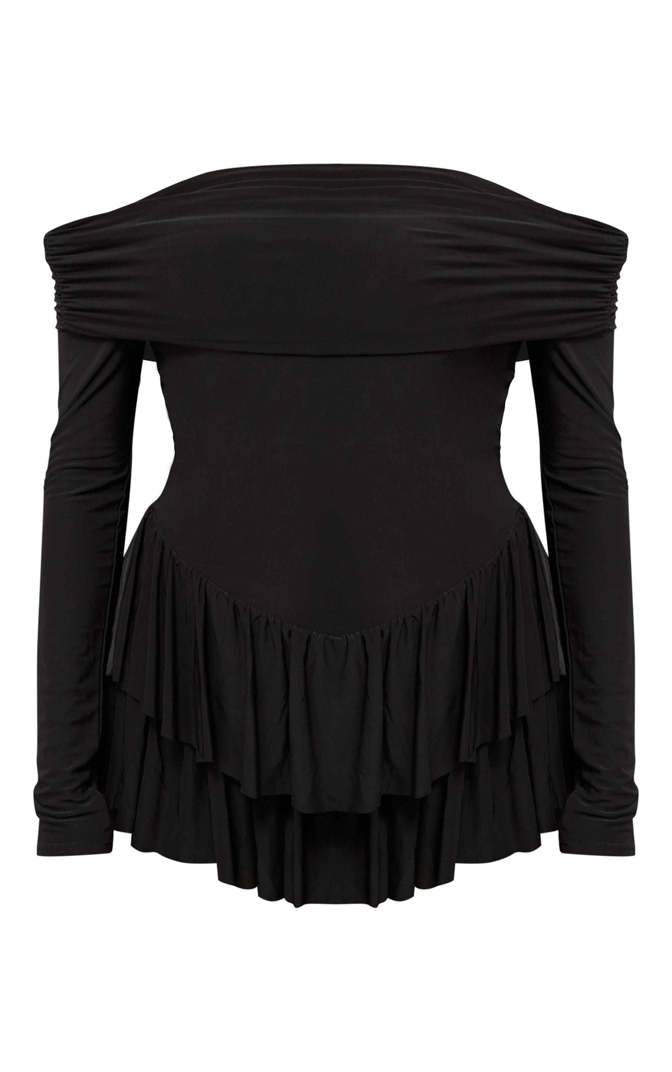 Noir Combi-short Jupe À Volants Épaules Dénudées Manches Longues En Tissu Fluide
